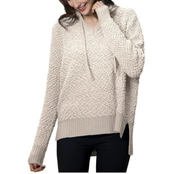 Green Tea Size L Ivory V-neck Popcorn Knit Hooded Sweater - Picture 7 of 7